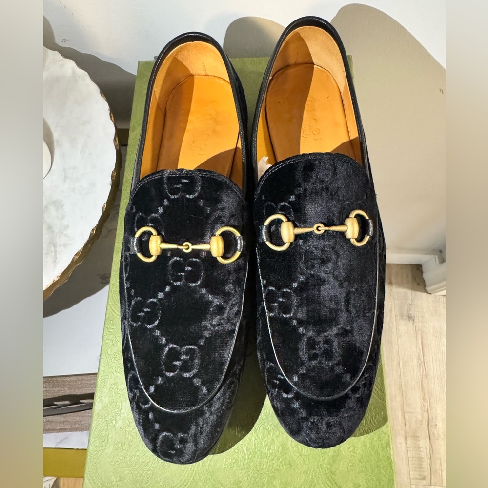 Authentic Gucci Black Velvet Loafers with Gold Accents